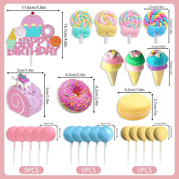 25 PCS Donut Cake Topper Candy Cupcake Toppers Candy Birthday Themed Party Supplies Ice Cream Cupcake Toppers