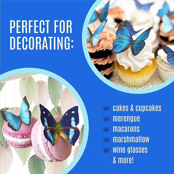 Sugar Robot Edible Butterflies for Cake Decorating- Large Size Butterfly Decorations - Cake Toppers and Cupcake Toppers - Made in the USA - Premium Crafted (Blue)
