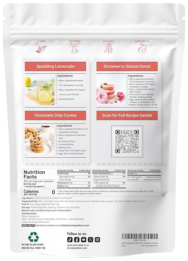 Monk Fruit Sweetener with Erythritol Granules, 4 Pounds, No After Taste, 1:1 White Sugar Substitute, Keto Diet Friendly, Zero Calorie, Natural Sweetener for Drinks, Coffee, Tea, Cookies, No-GMO, Vegan