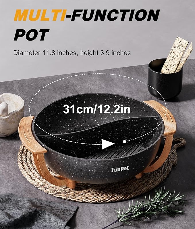 5-Temp Electric Hot Pot with Wood Grain Handles, 6L Family Size, 1100W Rapid Heating, PTFE Non-Stick Coating & Dry-Burn Protection, Dual Divider for Hot & Mild Broths