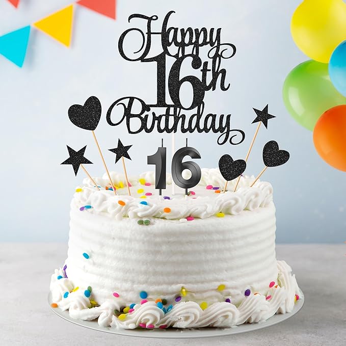 16th Birthday Cake Decorations, 16th Birthday Candles Cake Numeral Candles and Glitter Happy 16th Birthday Cake Toppers Set for Birthday Party Supplies (Black)