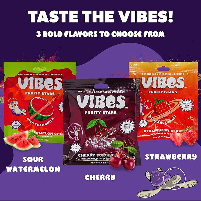 VIBES Strawberry Glow Fruity Stars - Healthy Gluten-Free & Vegan Fruit Chews - Fruit Snacks for Kids, Teens, & Adults - High Fibre - non-gmo - 2g Sugar - 6 Pouches of 18 Fruit Gummies in Each Box