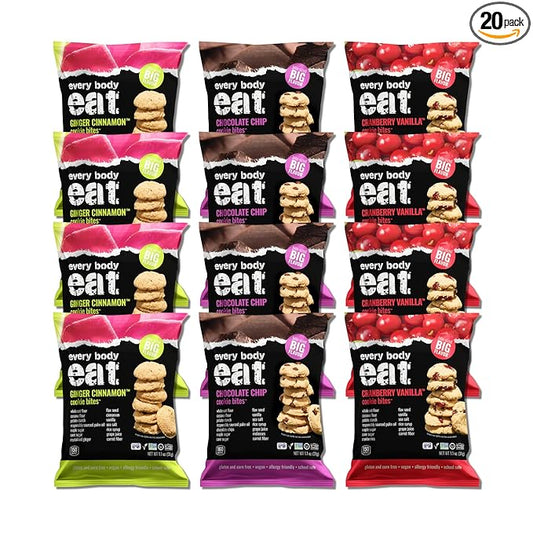 Every Body Eat Crunchy Cookie Bites, Gluten & Dairy Free, Vegan, School Safe Lunch Snacks, Single Serve (Pack of 20) (Variety Pack)