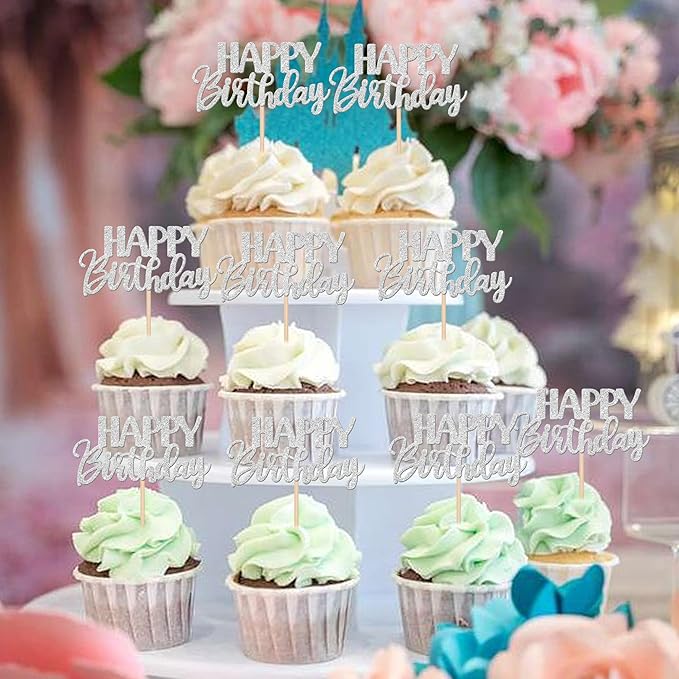 30 PCS Happy Birthday Cupcake Toppers Glitter Happy Birthday Cupcake Picks for Celebrating Birthday Anniversary Theme Party Cake Decorations Supplies Silver