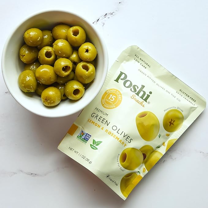 Poshi Green Pitted Olives | Lemon & Rosemary | Vegan, Kosher, Gluten Free + Keto Friendly, Fresh, All Natural Low Calorie Healthy Snacks | (30 Pack, 1.1oz Bags)