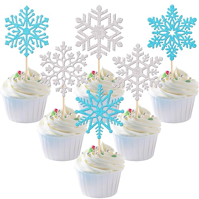 36 PCS Snowflake Cupcake Toppers Glitter Winter Frozen Theme Cupcake Picks for Winter Wonderland Snowflake Theme Baby Shower Kids Birthday Christmas Party Cake Decorations Supplies Silver Blue
