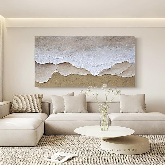 Artaanchuil Hand Painted Beach Waves Textured Wall Art - White and Brown Oil Painting 24x48 Inch Rectangle Large Moden Artwork for Living Room Horizontal Wall Decor