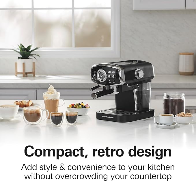 Hamilton Beach Slide & Lock Espresso Machine With Milk Frother Steam Wand For Cappuccino & Latte, 15 Bar Pump and Two Spouts, Removable Reservoir, Compact, Retro Design, Black (40730)