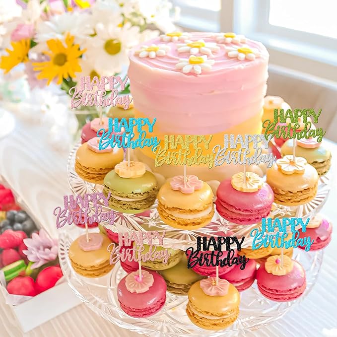 32 PCS Happy Birthday Cupcake Toppers Glitter Happy Birthday Cupcake Picks for Celebrating Birthday Anniversary Theme Party Cake Decorations Supplies Mixed 8 Colors