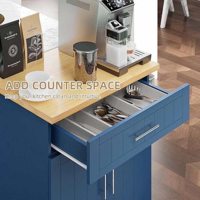 Shintenchi Kitchen Island Cart with Storage,Rolling Kitchen Island Side Table on Wheels with Large Worktop,Storage Cabinet,Towel Rack and Drawers for Kitchen,Dinning Room, Blue