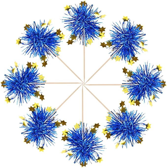 Rsstarxi 30 Pack Foil Firework Cupcake Toppers Sparkle Tinsel Drink Cake Decorations Cocktail Food Toothpicks for Happy Valentine's Day Birthday Wedding Graduation Party Decorations Blue