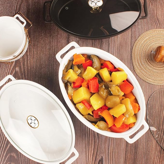 10" x 7" Ceramic Oval Casserole Dish with Glass Lid, 30 Ounce White Serving Soup Tureen,Chafing Dish for Buffet, Family Food preserve Tray, Catering Casserole for Party Style