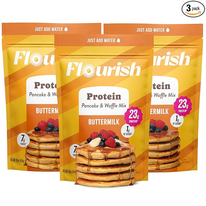 Flourish Protein Pancake & Waffle Mix, with Whey Protein & Flax Seed, No Added Sugar, High in Protein & Fiber - Just Add Water - Buttermilk Flavour, 430g (3 Pack) - Made in Canada