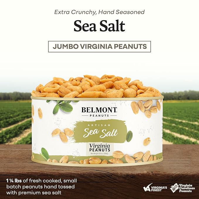 Belmont Peanuts Gourmet Sea-Salted Virginia Peanuts, 20 oz (1 Pack) ??Only 3 Simple Ingredients, No Preservatives, 7g Protein ??A Premium, Salty, Crunchy, Hand Seasoned Snack
