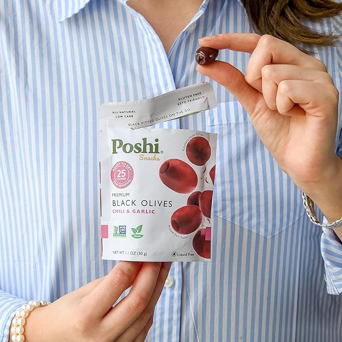 Poshi Marinated Kalamata Style Pitted Olives | Chili & Garlic | Vegan, Kosher, Gluten Free + Keto Friendly, Fresh, All Natural Low Calorie Healthy Snacks | (30 Pack, 1.1oz Bags)