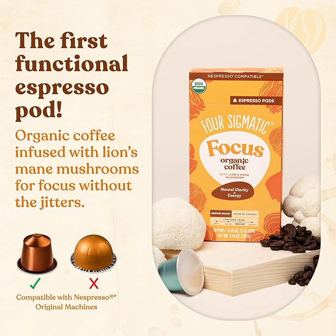 Four Sigmatic Focus Coffee Pods Compatible with Nespresso Original | Organic Medium Roast Espresso with Added Focus | Mushroom Coffee Enhanced with Lion's Mane | Medium Roast 10ct