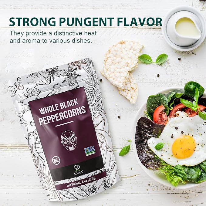Soeos Black Peppercorns, 8oz (Pack of 1), Non-GMO, Kosher, Packed to Keep Peppers Fresh, Peppercorn for Grinder Refill, Whole Peppercorns