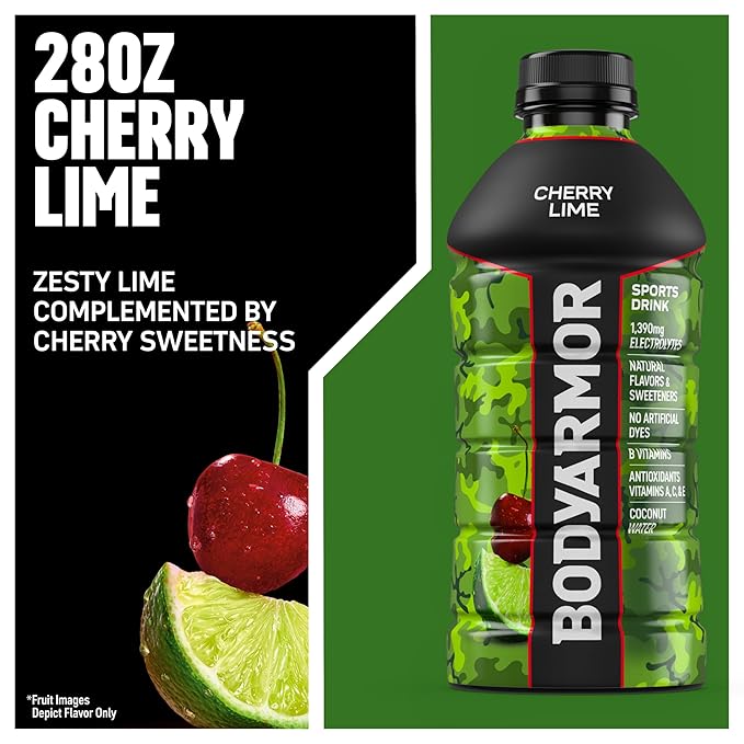 BODYARMOR Sports Drink Sports Beverage, Cherry Lime, Coconut Water Hydration, Natural Flavors With Vitamins, Potassium-Packed Electrolytes, Perfect For Athletes, 28 Fl Oz (Pack of 15)