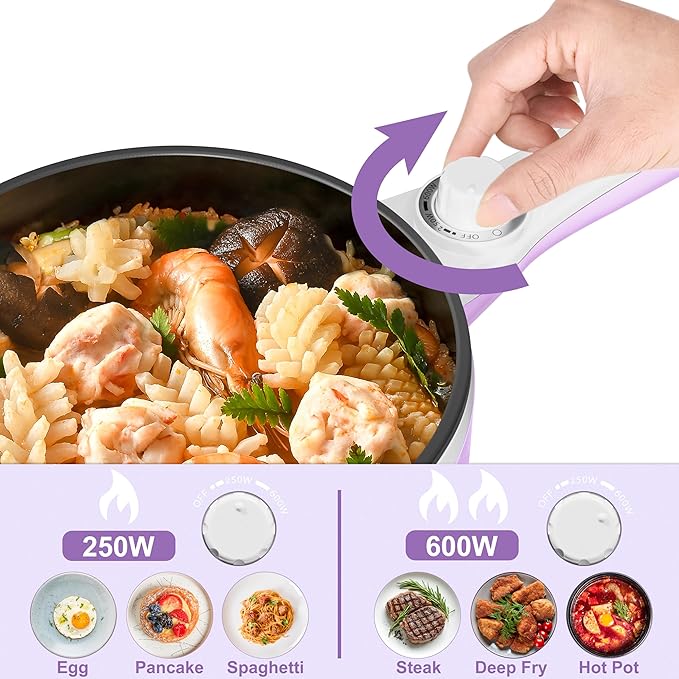 Dezin Hot Pot Electric Upgraded, Non-Stick Saut챕 Pan, Rapid Noodles Electric Pot, 1.5L Mini Portable Hot Pot for Steak, Egg, Fried Rice, Ramen, Oatmeal, Soup with Power Adjustment