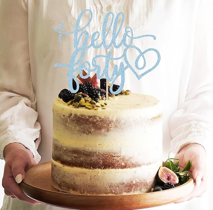 Hello Forty Cake Topper - Light Blue Glitter 40th Birthday Cake Decorating Supplies for Women, Hello 40 Cake Decor for 40th Birthday/Anniversary Party Photo Booth Props