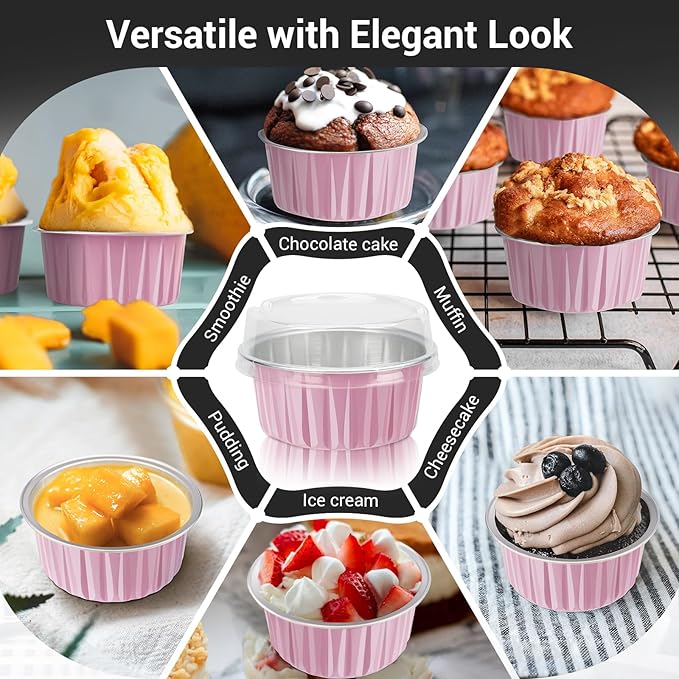 EUSOAR Disposable Ramekins with Lids, 200pcs 5oz Aluminum Foil Cupcake Liners Ramekins Cups for Baking, Dessert Cups Aluminum Cheesecake Pan Creme Brulee Baking Cups for Oven-Pink