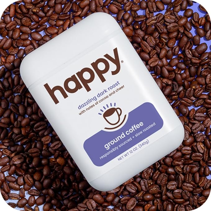 happy coffee dark roast ground coffee, 12 oz., notes of cocoa & cheer, recyclable container, grown & harvested in Brazil, Rwanda & Colombia