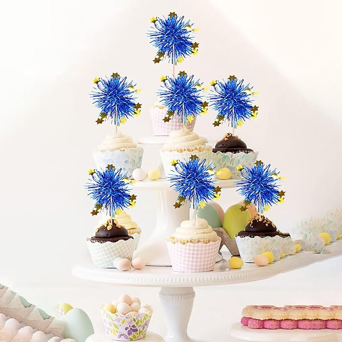 Rsstarxi 30 Pack Foil Firework Cupcake Toppers Sparkle Tinsel Drink Cake Decorations Cocktail Food Toothpicks for Happy Valentine's Day Birthday Wedding Graduation Party Decorations Blue
