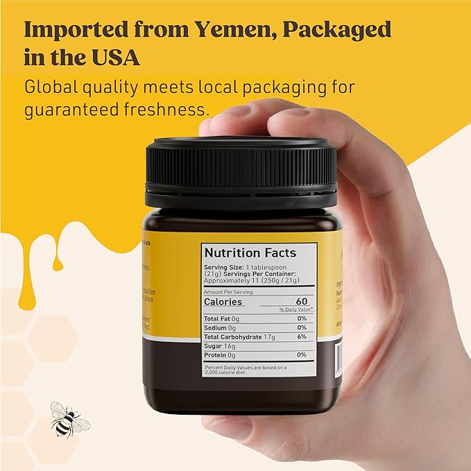 Arwa Foods Multifloral Mountain Yemeni Raw Honey - Royal Yemeni Raw Organic honey from Wadi of Douan - Sealed & Packaged in USA - 100% Unfiltered, Raw & Pure Honey (8.82 oz)