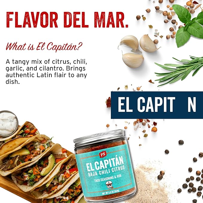 PS Seasoning El Capitan - Baja Chili Citrus Street Taco Seasoning Mix, Dry BBQ Rub for Tacos, Fajitas, Chicken, Beef, Seafood - Baja Style Mexican Seasoning BBQ Rub for Smoking and Grilling