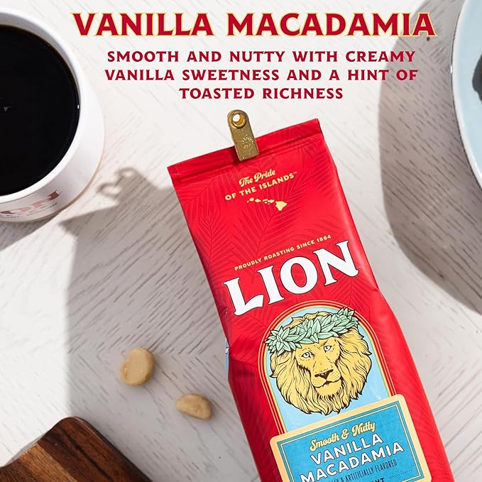 Lion Coffee, Vanilla Macadamia Flavor Light Roast - Ground Coffee, Two 24 Ounce Bags