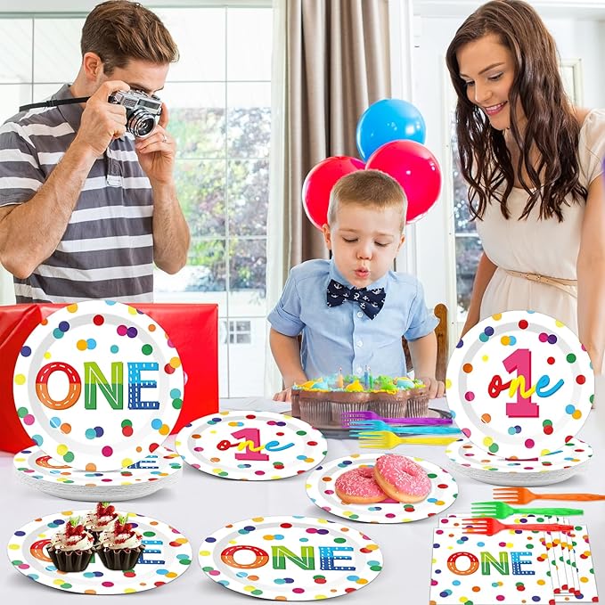 96pcs Rainbow 1st Birthday Plates and Napkins Confetti Happy Birthday Party Decorations with Polka Dot Confetti Dessert Plates Colorful 1st Tableware for 24 Guests 1 Year Old Party Supplies