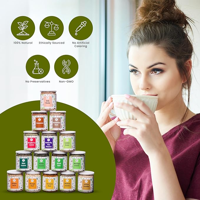 Assorted Loose Leaf Tea | 15 Delightful Herbs | Upto 900 Servings | 100% Raw & Natural | Add Health to your Soups, Smoothies, Teas and more | By Yogi's Giftยฎ