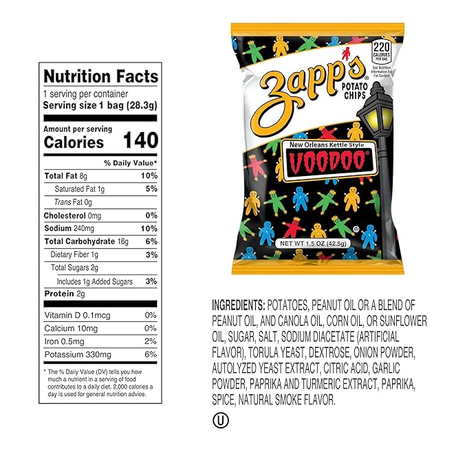 Zapp's New Orleans Voodoo Potato Chips, 42 Count - Crunchy, Gluten Free Snack with Salt, Vinegar, and Smoky BBQ Flavors