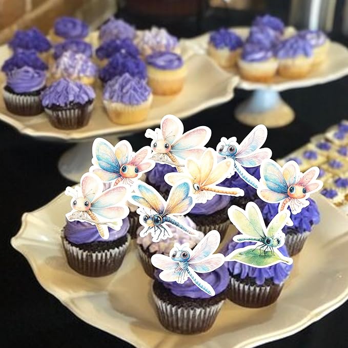 Rsstarxi 60 Pack Edible Dragonfly Cake Toppers Rice Paper Flying Insects Cupcake Picks for Baby Shower Birthday Wedding Anniversary Party Cake Decorations Supplies