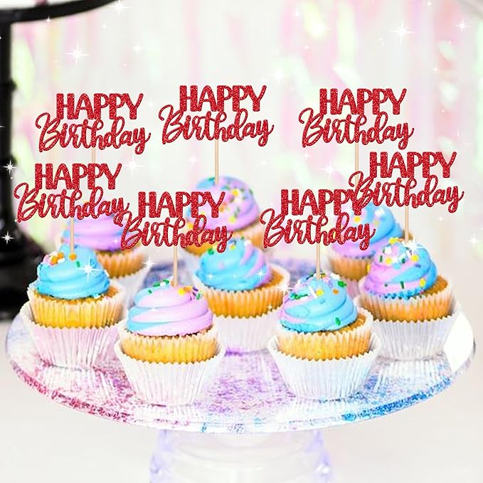 30 PCS Happy Birthday Cupcake Toppers Glitter Happy Birthday Cupcake Picks for Celebrating Birthday Anniversary Theme Party Cake Decorations Supplies Red