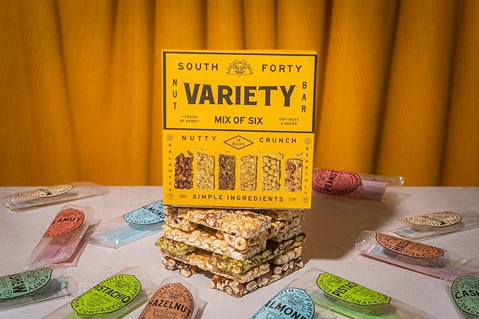 South 40 Snacks Crunchy Nut Bars, Mix of 6 Variety Pack, Touch of Honey, Natural Protein (40g Bar, Pack of 12)