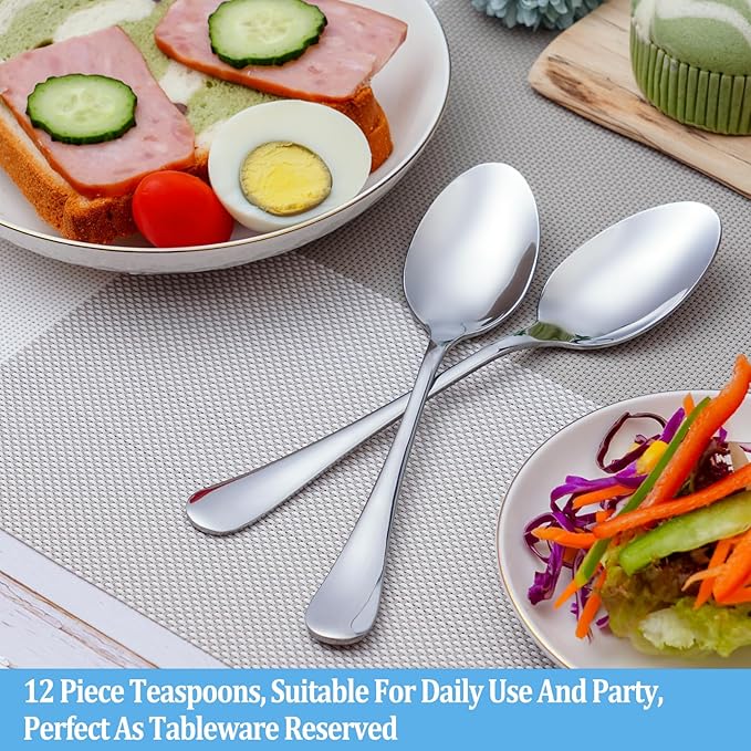 12 Piece Teaspoons Set,Food Grade 18/10 Stainless Steel Tea Spoons,Durable Small Spoons,Metal Dessert Spoon,Spoons Silverware for Home,Kitchen or Restaurant,Mirror Polished & Dishwasher Safe,6.7-Inch