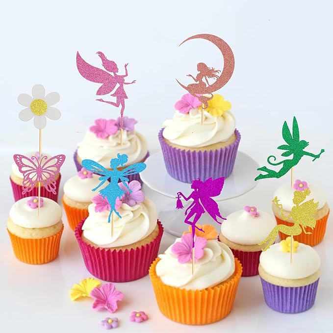 24Pcs Fairy Cupcake Toppers Flower Angel Fairy Butterfly Flower Cupcake Picks for Wedding Bridal Shower Baby Shower Birthday Party Cake Decorations Supplies