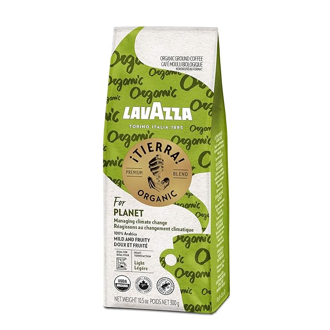 Lavazza 징Tierra! Organic Planet Ground Coffee Light Roast, 10.5 Oz Authentic Italian, Value Pack, Blended And Roated in Italy, 100% USDA Organic Arabica coffees (Pack of 6)