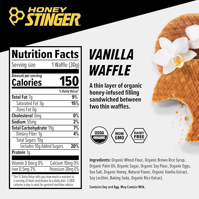 Honey Stinger Organic Vanilla Waffle, Energy Stroopwafel for Exercise, Endurance and Performance, Sports Nutrition for Home & Gym, Pre and Post Workout, Box of 16 Waffles, 16.96 Ounce