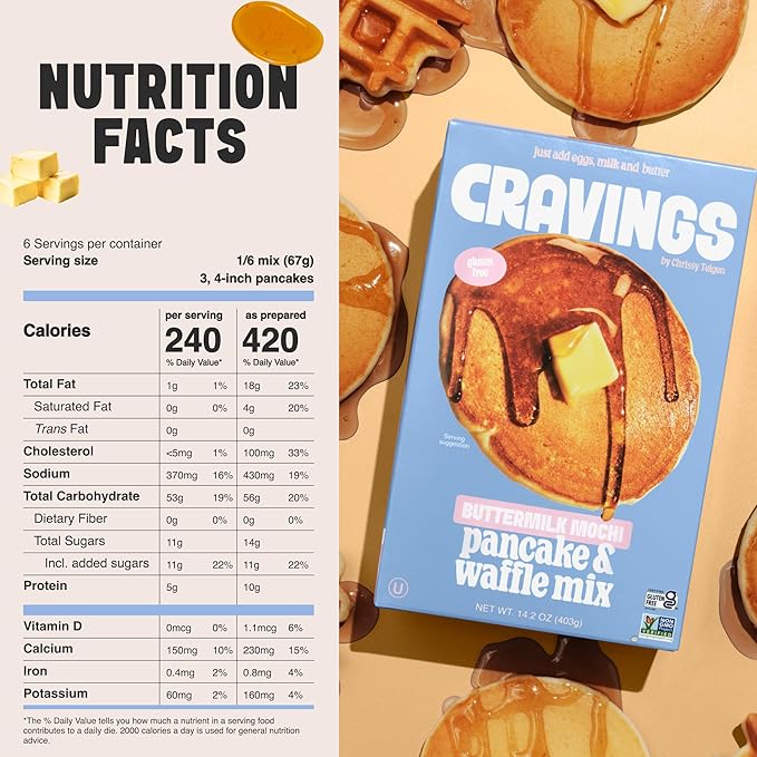 Cravings by Chrissy Teigen Pancake and Waffle Mix, Gluten free, Buttermilk Mochi Pancake & Waffle Mix, 3 Ingredients Mix, Makes 18 Pancakes, 14.2 oz (Pack of 3)