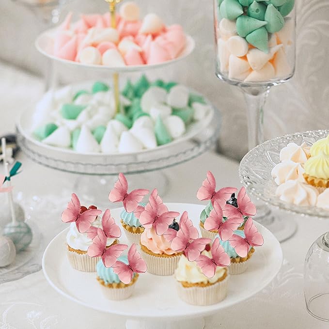 48PCS Edible Cupcake Toppers - Wafer Paper Edible Butterfly Cake Decorations for Butterfly Theme Baby Shower Birthday Wedding Party Supplies - Pink