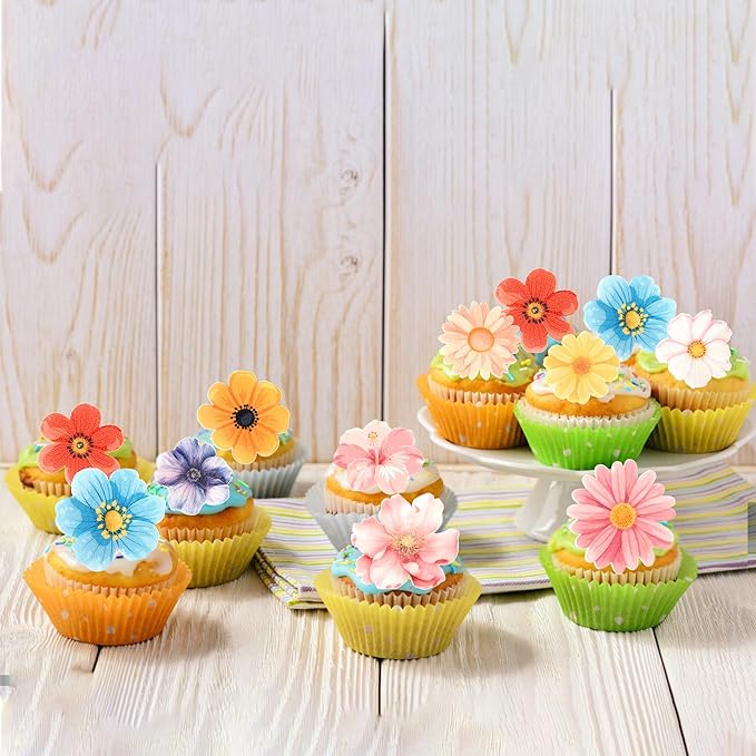 60 PCS Edible Flowers Cupcake Toppers Wafer Paper Daisy Cupcake Picks Edible Hibiscus Flower Birthday Party Decorations for Baby Shower Wedding Birthday Party Cake Food Decorations Supplies