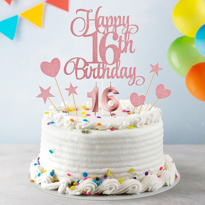 16th Birthday Cake Decorations, 16th Birthday Candles Cake Numeral Candles and Glitter Happy 16th Birthday Cake Toppers Set for Birthday Party Supplies (Rose Gold)