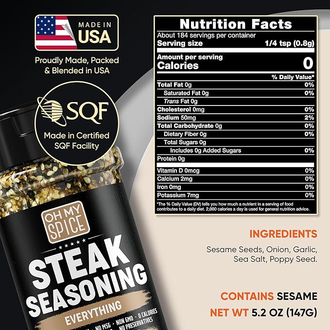 Steak Seasoning Everything Bagel Seasoning Mix - Gluten Free & Low Sodium Meat Seasonings Beef, NY Strip, BBQ & Ribeye. Sesame Seeds Blend Steak Seasonings for Grilling. Steaks Salt. Steaks Rub. 5.2oz