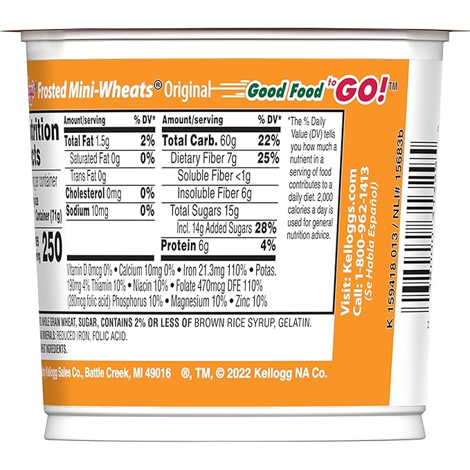 Kellogg's Frosted Mini-Wheats Breakfast Cereal Cups, High Fiber Cereal, Kids Snacks, Original, 30oz Case (12 Cups)