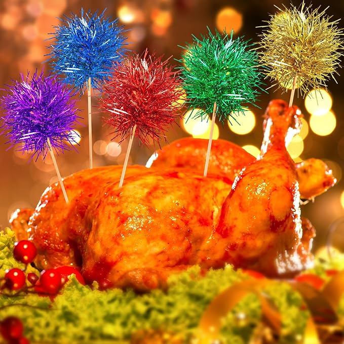 Chinco 100 Pcs Foil Firework Cupcake Toppers Sparkle Tinsel Cake Toppers Cake Decoration Cocktail Fruit Toothpick for Birthday Wedding Graduation Party(Bright Color)
