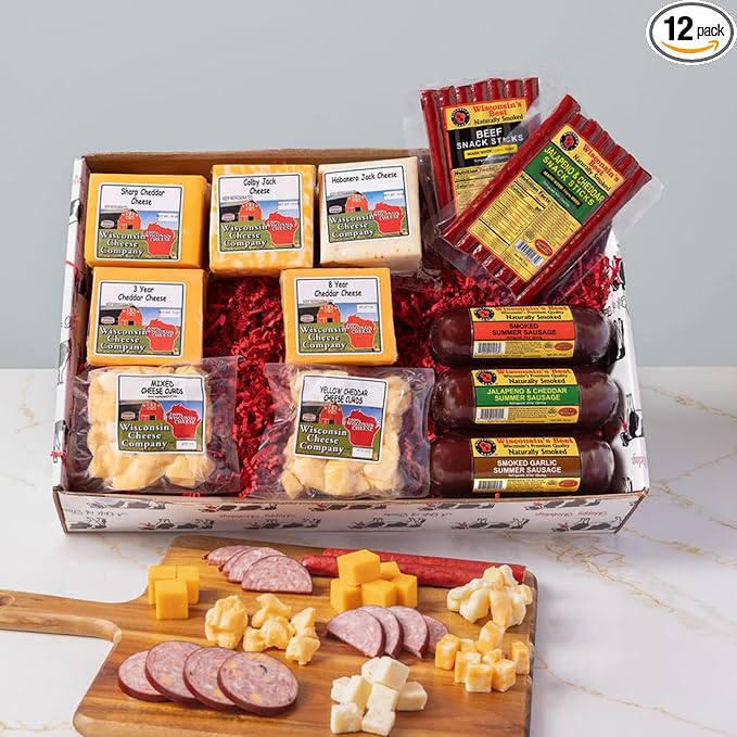 Wisconsin Cheese Company - Deluxe Party Gift Box - 100% Wisconsin Cheese, Meat Stick, Sausage & Cheese Curds | Huge Gift Box | Perfect for Parties, Charcuterie Boards and Birthdays