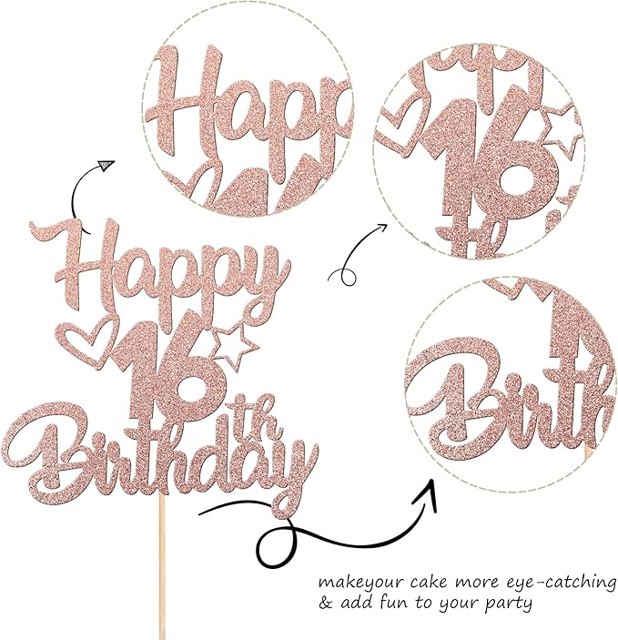 1 Pack Happy 16th Birthday Cake Topper Glitter Heart Star 16 Fabulous Cake Pick Birthday Sign Cake Decorations for Children 16th Birthday Theme Party Supplies Rose Gold