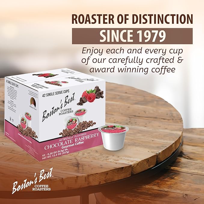 Bostonโs Best - Chocolate Raspberry Flavored Coffee Medium Roast Gourmet, Compatible with Keurig Coffee Maker, 1 Count (42 Single Serve Cups)